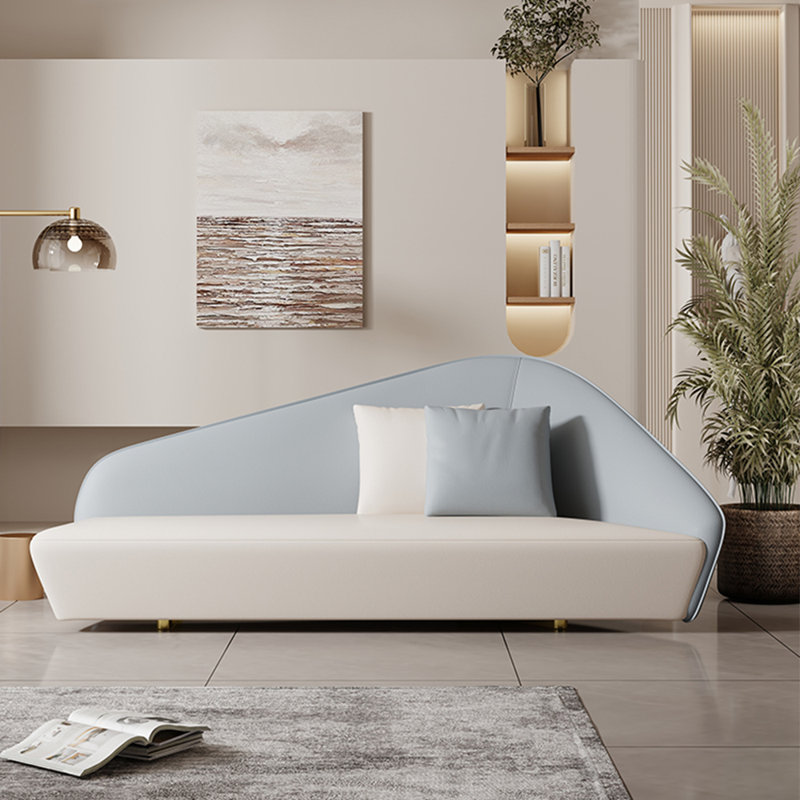 Méridienne moderne en cuir synthétique, Beige / bleu clair, Accoudoir à droite (vu de face)
