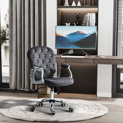 Chaise de bureau en velours, chaise de bureau capitonnée à boutons avec accoudoirs rembourrés, hauteur réglable et roulettes pivotantes, gris foncé