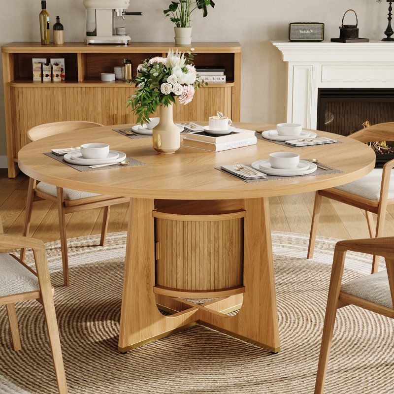 Table de salle à manger ronde de 47 pouces pour 4 à 6 personnes avec armoire de rangement intégrée, table de cuisine moderne de style Mid-Century pour la salle à manger, la cuisine et le salon (bois naturel)