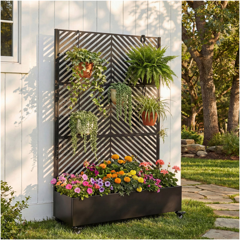 Metal Raised Garden Bed With Wheels And Trellis, Planter Box For Climbing Plants, Vegetables & Vines, Features Privacy Screen And Drainage Holes