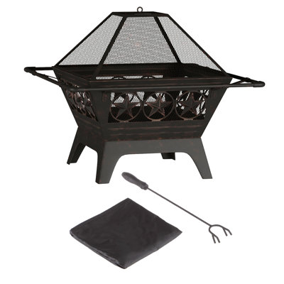 Janssen Fire Pit - 32-Inch Outdoor Firepit Table with Screen, Cover, and Poker - Outdoor Fire Pits for Backyard, Deck, Patio, or Porch by Pure Garden