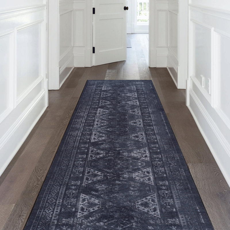 Washable Area Rug For - Non-Slip, Low-Pile, Soft, & Pet  Black + Gray, 2'6'' X 10' Machine Non-Shedding, Safe