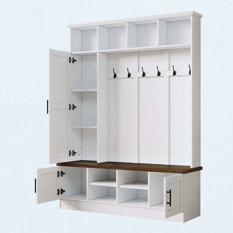 55" Farmhouse Hall Tree with Storage Bench, Adjustable Shelves & 6 Hooks, White, White/Deep Walnut