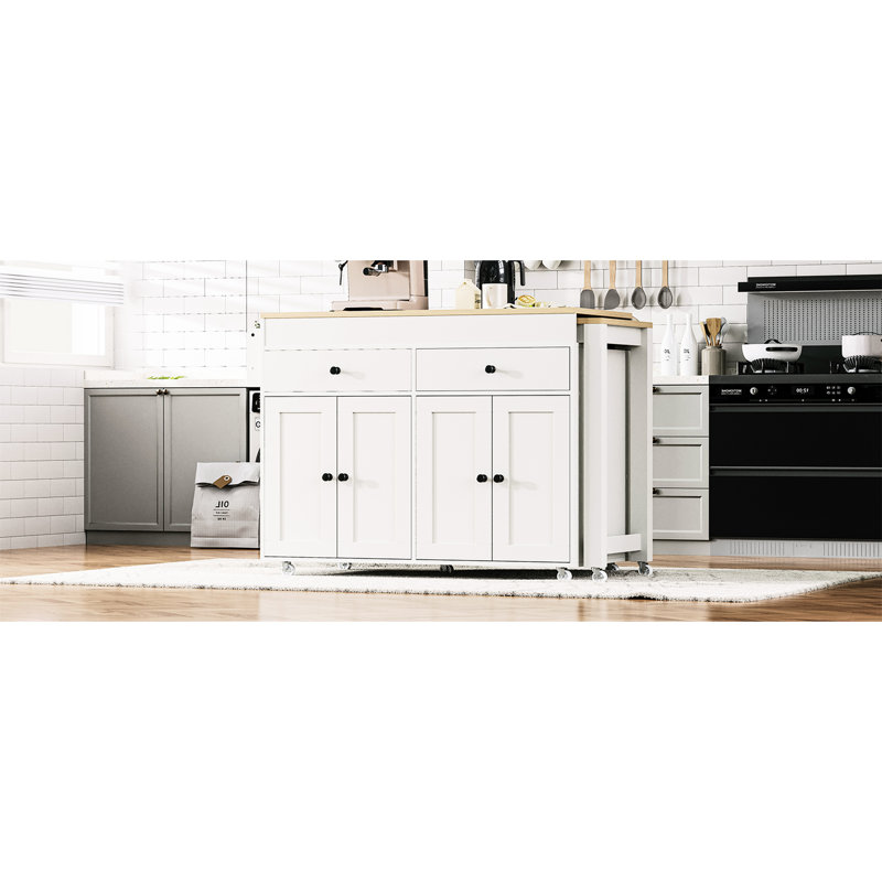 Kitchen Island With 27" Extendable Table, Island, 4 Door Cabinet, 7 Lockable Wheels And Spice Rack, White Dining 2 Drawers, Cabinet Removable Wheels,