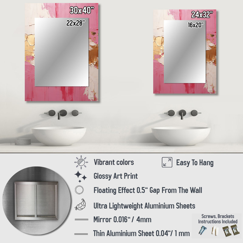Minimalisme rose et doré Horizon I - peinture murale abstraite, miroir beige, reproduction d'art en métal, 40 po x 30 po