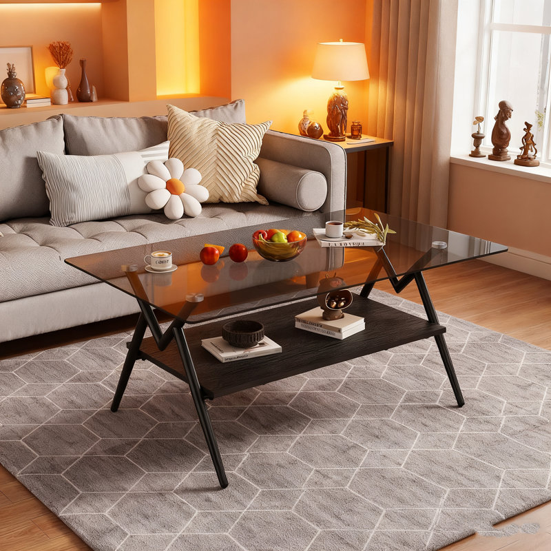 Table basse rectangulaire en verre avec dessus en verre trempé et pieds en métal, Clear, Brown