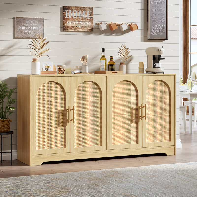 59" Rattan Sideboard Buffet Cabinet - Storage Cabinet with 4 Doors, Modern Console Table Accent Coffee Bar Cabinet for Living Room, Kitchen, Brown