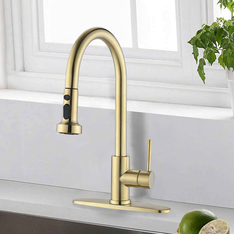 Robinet de cuisine en acier inoxydable brossé doré avec distributeur et distributeur de savon - Scratch, Rust, Spot 360