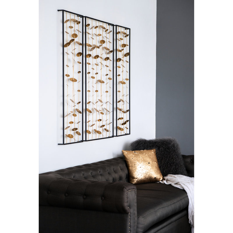 Ensemble de 3 décorations murales en métal avec cadre noir - doré captivant, fer pour les espaces de vie, 3 pièces décoratives dorées, intérieur robuste