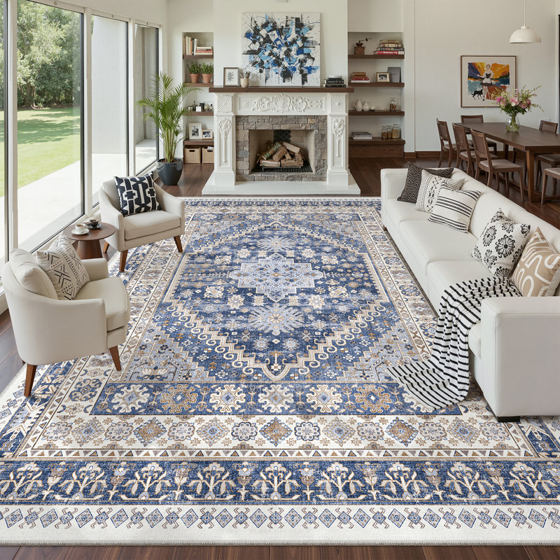Malaika Machine-Washable Non-Slip Medallion Area Rug, Rectangle 8' x 10', Blue