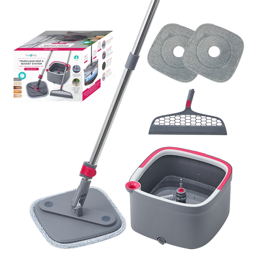 True & Tidy True Clean Mop & Bucket System with Silicone Floor Sweeper Deluxe Set True & Tidy