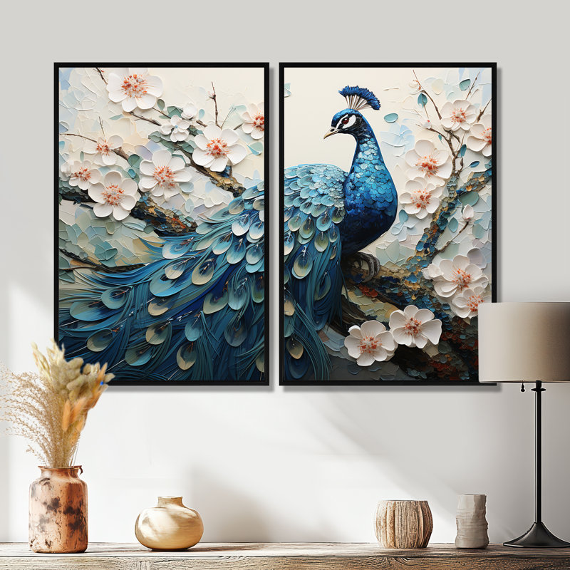 «Flower Peacock's Vibrant Show I», art mural grand paon, 36" H x 48" W, Impression encadrée flottante, Black