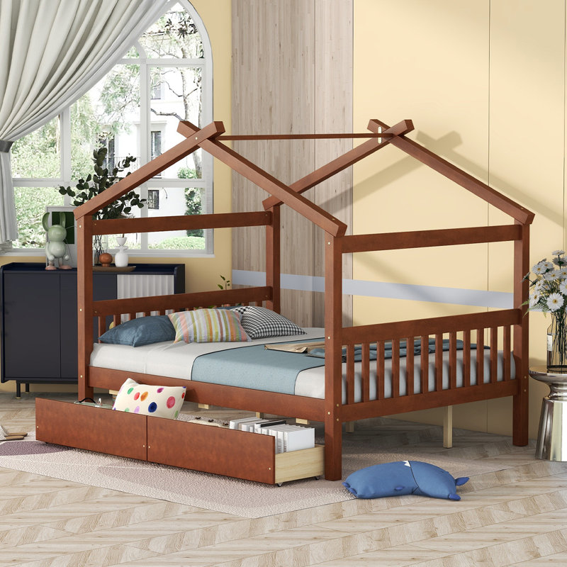 Pittston 2-Drawer Standard Bed Wooden House Bed, Walnut, Full