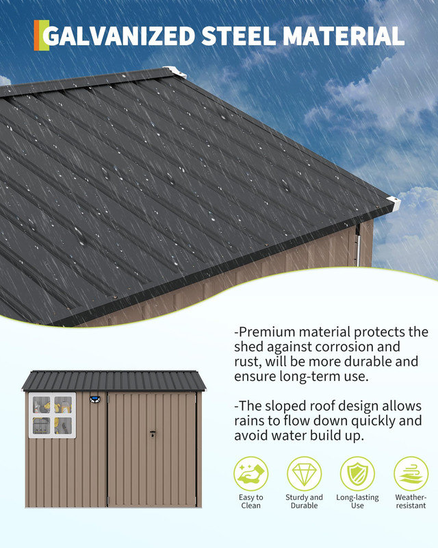 Remise de rangement extérieure en métal 8 pi 6 pi avec fenêtre et lumière solaire à DEL, remise à outils de jardin imperméable avec porte verrouillable et toit incliné ventilé