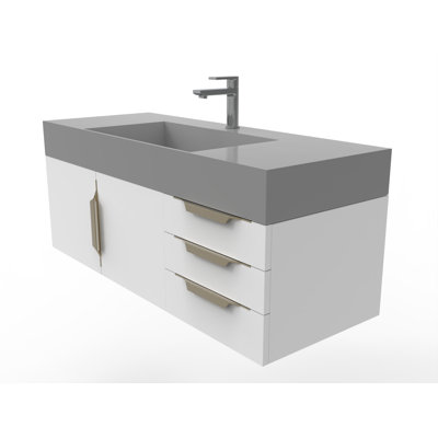 Meuble-lavabo mural simple 48 po avec comptoir à surface solide - base blanche, plateau gris, poignées dorées
