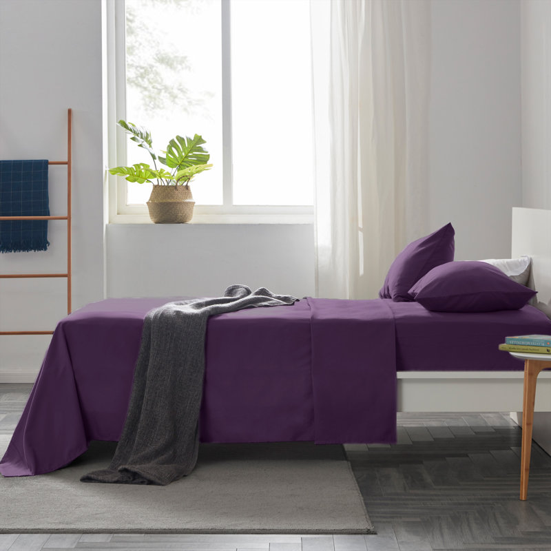 Microfiber Percale Sheet Set, Queen Sheet Set + Fitted Sheet + 2 Pillowcases, Purple