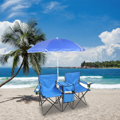 Double chaise de camping pliante avec porte-boisson pour parasol, sac de transport, table pliante, grande capacité de support pour la plage, le patio, la piscine, le parc, l'extérieur, rouge
