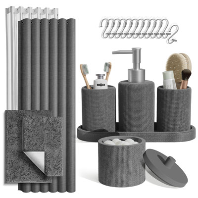 Ensemble d'accessoires de salle de bain 21 pièces avec rideau de douche, doublure, crochets et tapis en chenille Clara Clark