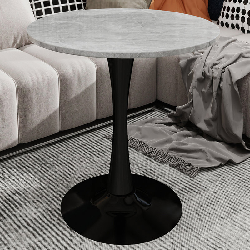 27.6" Round Marble-Effect Coffee Table with Light Gray Textured Top and Black Base, Gray/Black