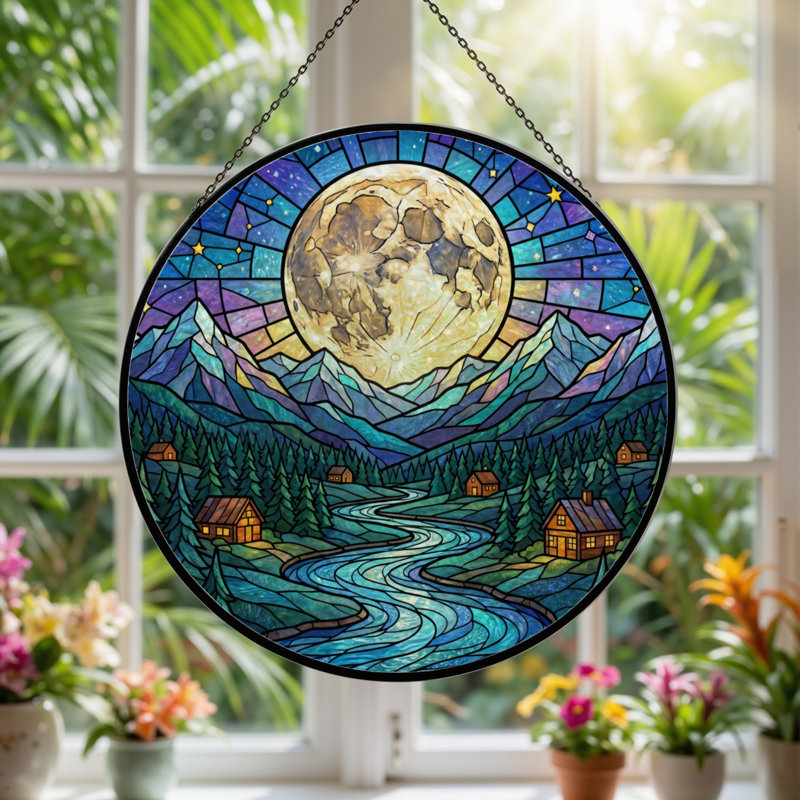 Panneau de vitrail 12 "H Moonlight Mountains, H 12 po x l 12 po