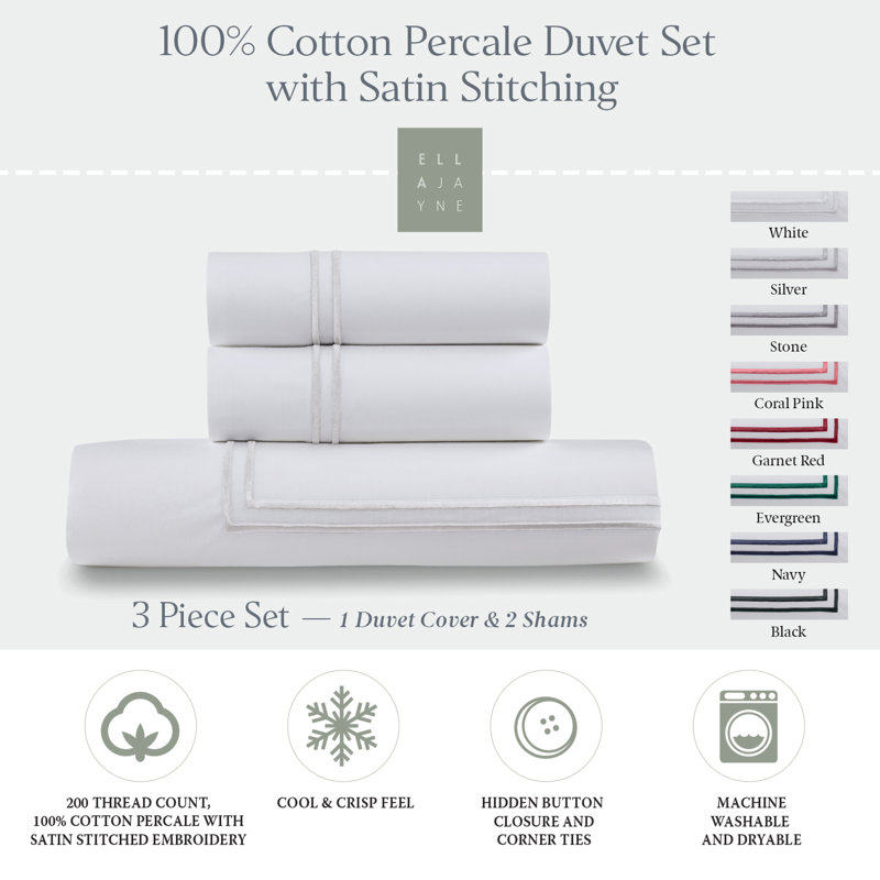 Ella Jayne Cotton Duvet Cover with Satin Satin Stitching 3-Piece Set, White with White Satin Stitching, White