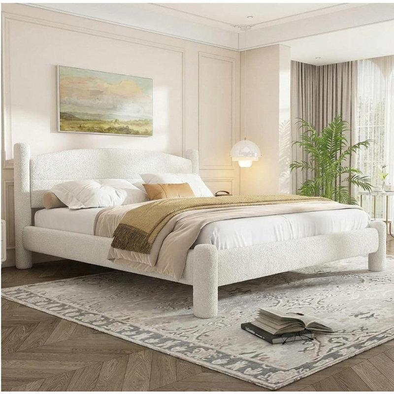 Boucle Upholstered Platform Cloud Bed with Round Headboard & Cylindrical Legs, Heavy Duty Noise-Free, No Box Spring Needed for Bedroom