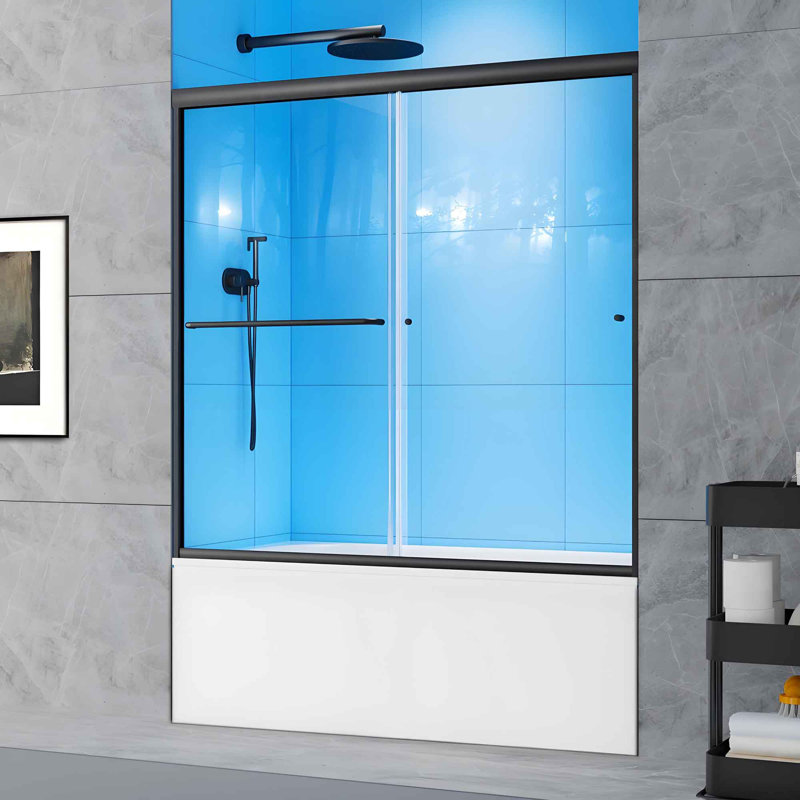 Matte Black Semi-Frameless Sliding Bathtub Door with Clear Glass