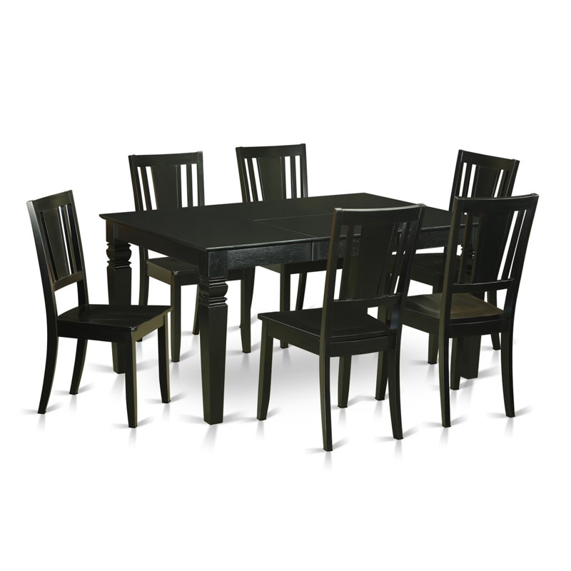 Ensemble de table de cuisine 7 pièces comprenant une table à manger rectangulaire avec rallonge papillon et 6 chaises, 107 x 152 cm, noir