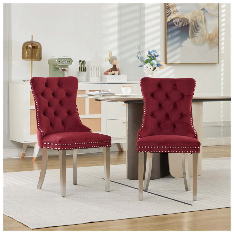 Ensemble de 2 chaises de salle à manger rembourrées en velours de bois massif Nikki, Rouge