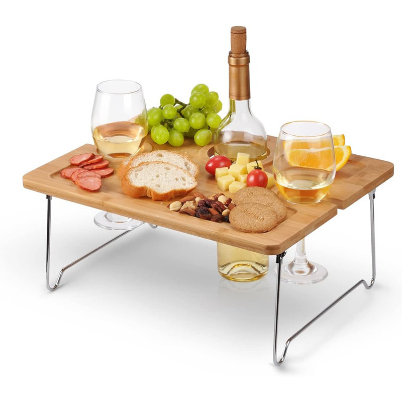 «Plateau de pique-nique et de fromage pliable compact avec 2 verres à vin - Cadeau parfait pour les hommes et les femmes