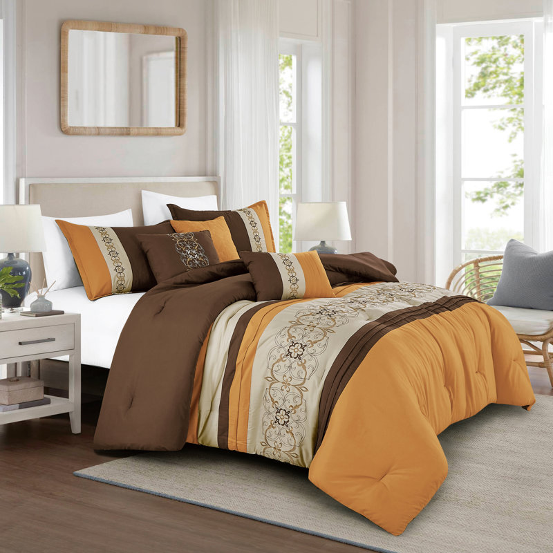 Brown Embroidered Comforter Set, Queen Size