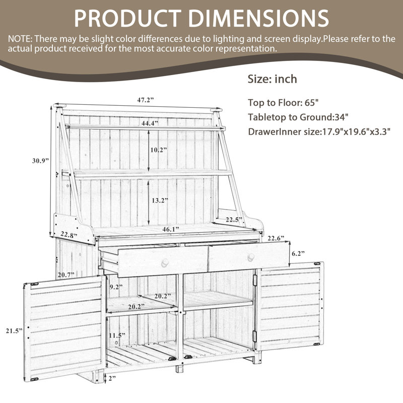 Banc de jardin en pot de 65 po de hauteur, avec tablette de rangement, tiroir et armoire, 2 dispositifs anti-chute, facile à installer