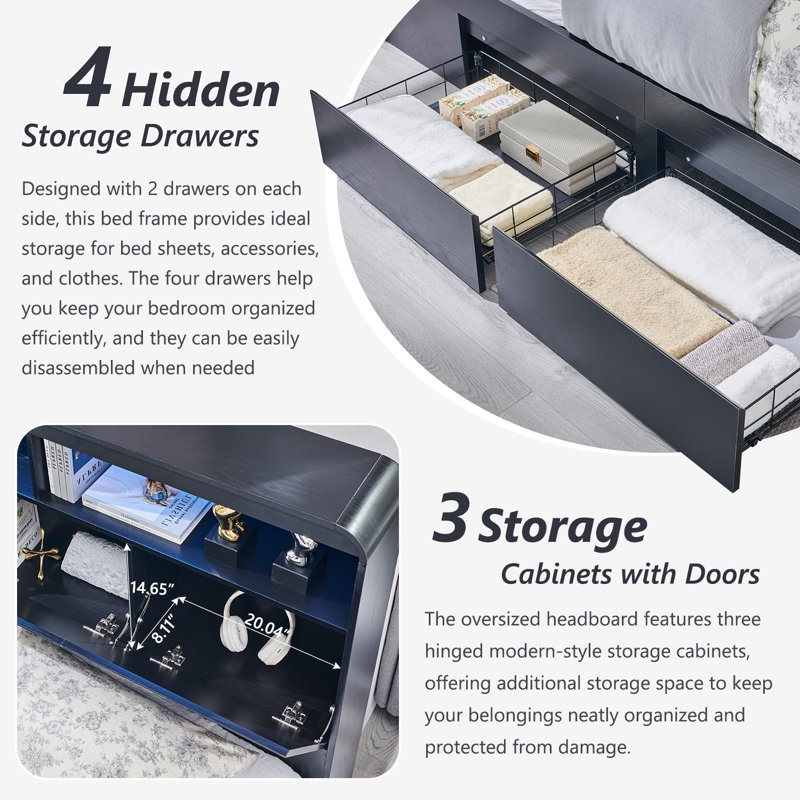 Modern LED Light Bed Frame with 50" Tall Storage Headboard, Platform Bed Frame w/4 Drawers, w/Charging Station, Queen, Black