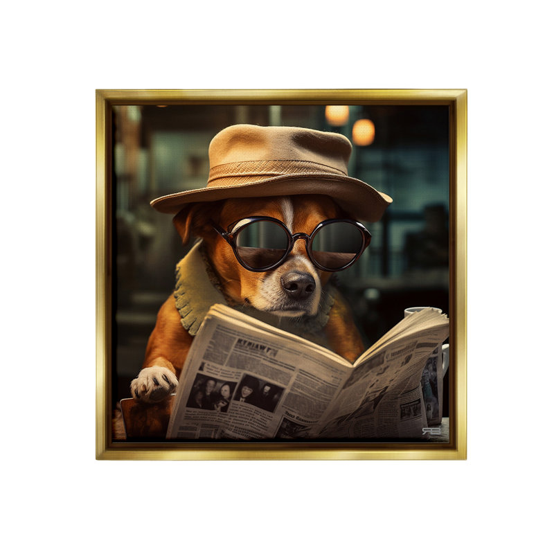 "Dog lecture journal" par RB sur toile, Cadre flottant métallique doré, H 18 po x l 18 po