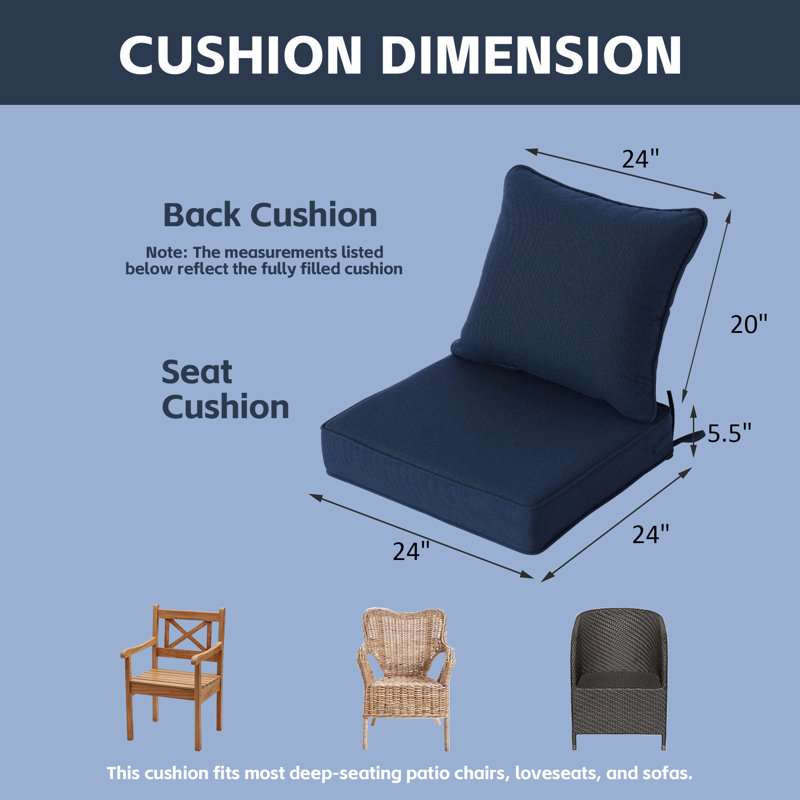 Ensemble de 2 coussins profonds d'assise et de dossier pour terrasse, 61 x 61 x 14 cm, résistants aux intempéries - Bleu marine