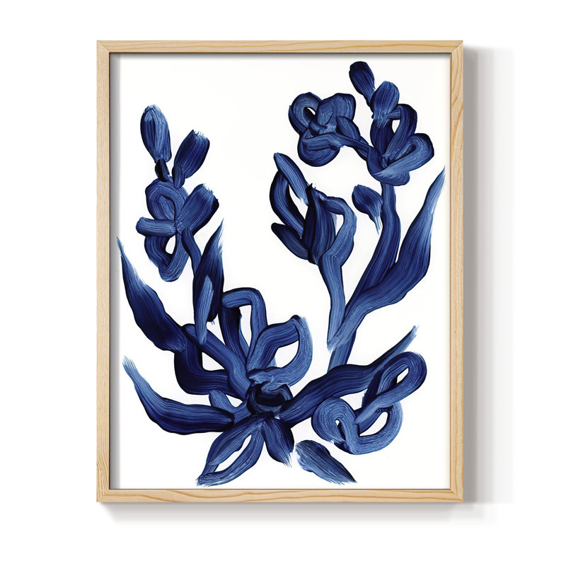 «Indigo Brush Blooms I», reproduction encadrée - bois massif, H 30 po x l 24 po, Naturel