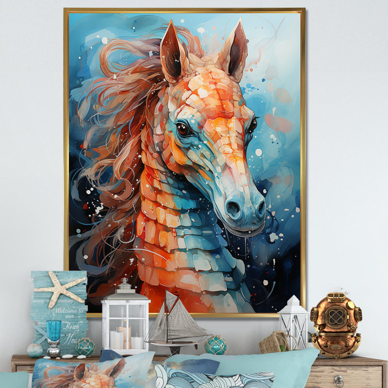«Orange and Blue Seahorse Symphony 3», H 44 po x l 34 po x P 1,5 po, Cadre flottant doré