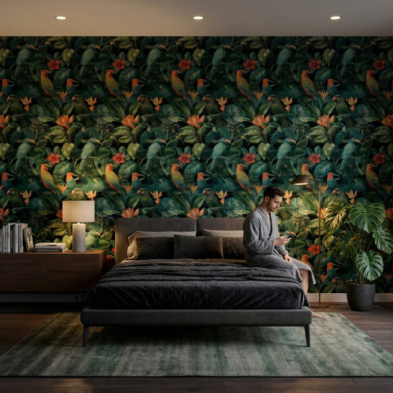 Papier peint floral tropical, oiseaux tropicaux, Peler et coller