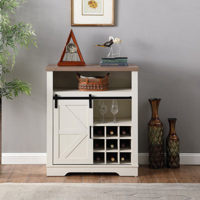 Farmhouse Storage Cabinet with Sliding Barn Door & Wine Shelf, Small Storage Cabine