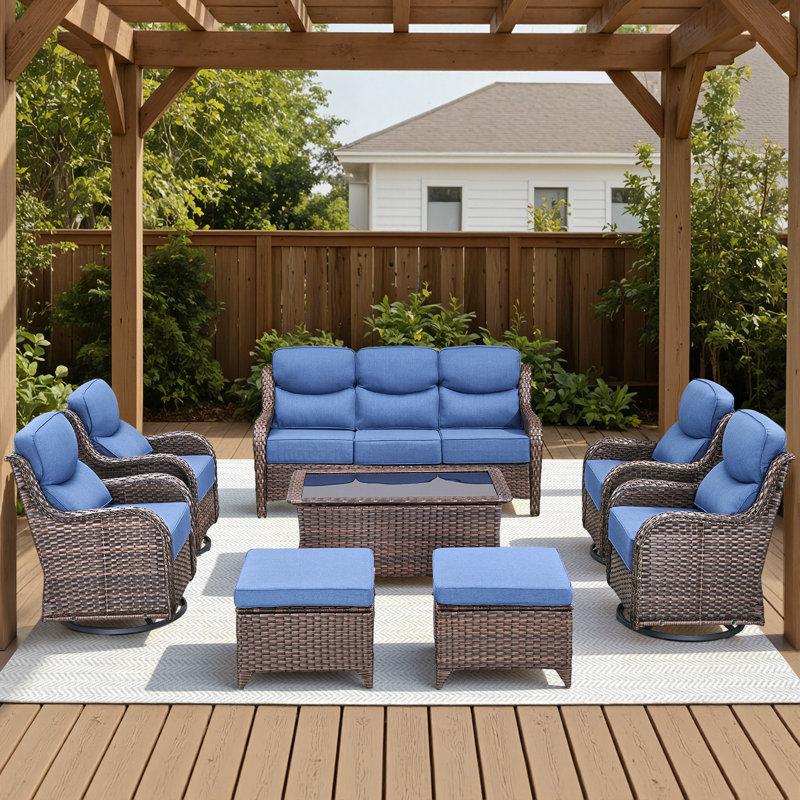 Ensemble de conversation d'extérieur en osier pour 7 à 9 personnes avec chaises pivotantes et table basse, Bleu, Brun