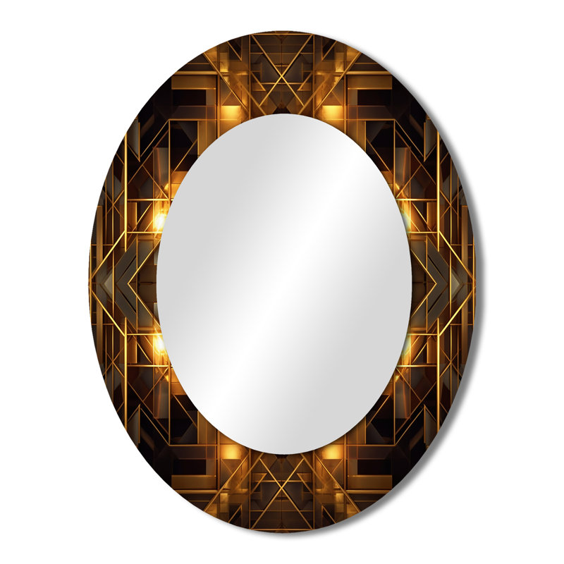 Gold Black Fractal Tide V - Large Oval Wall Mirror On Metal, 43" x 33"