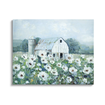 " Rural Anemone Flower Meadow White Farmland Barn " by Sally Swatland Painting Print