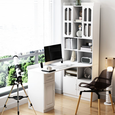Bureau d'ordinateur blanc en forme de L pour bureau - 21 designs, 4 armoires, 1 tiroir, grand espace de travail d'angle, grand espace de rangement, imprimante, lampe