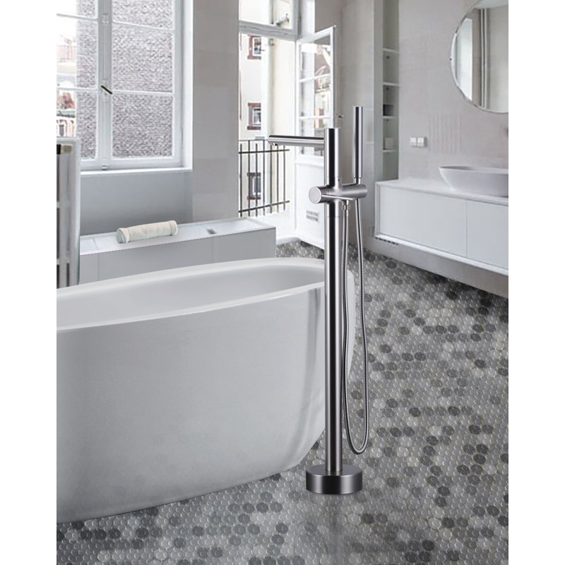 Robinet de baignoire autoportant à 2 poignées avec douche à main en nickel brossé