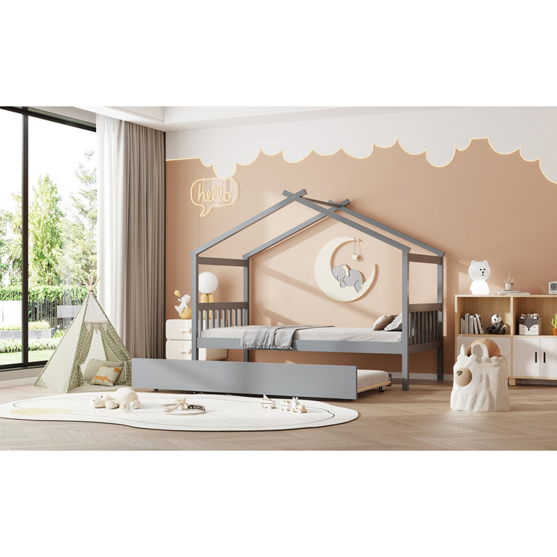 Lit simple en bois gris avec lit gigogne, structure en pin, 2 têtes de lit, convient à un matelas de lit gigogne de 4 à 6 po, toit ouvrant pour le plaisir, outils d'assemblage fournis