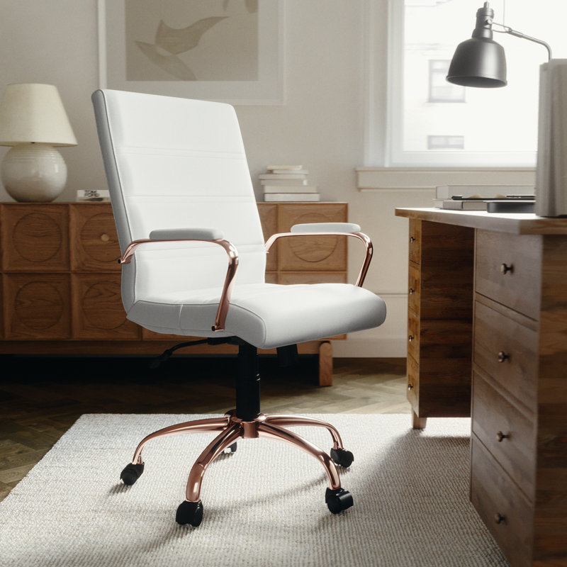 Whitney Ergonomic Upholstered Mid-Back Swivel Office Chair, Rose Gold, White Faux Leather