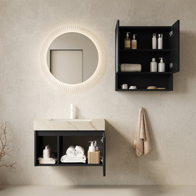Ensemble meuble-lavabo suspendu EIDEN 76 cm + TOBI 66 cm, avec rangement intégré, comptoir en pierre frittée couleur crème veinée or, lavabo en céramique, 1 trou pré-percé pour robinetterie, robinetterie et bonde non inclus, couleur noir