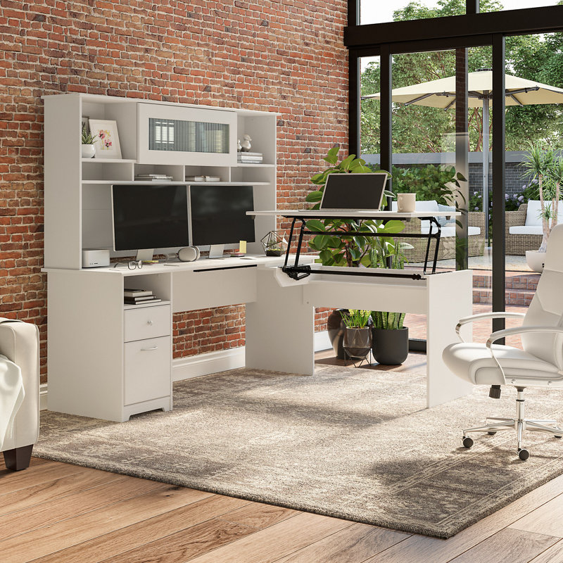 Bureau d'ordinateur en L avec rehausse Huckins, Blanc