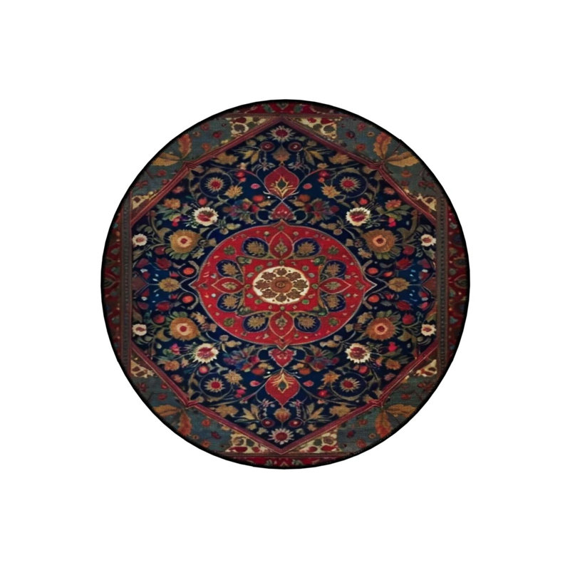 Navy Blue And Burdy Themed Traditional Patterned Round Woven Base Vintage Decorative Carpet, Round 5'