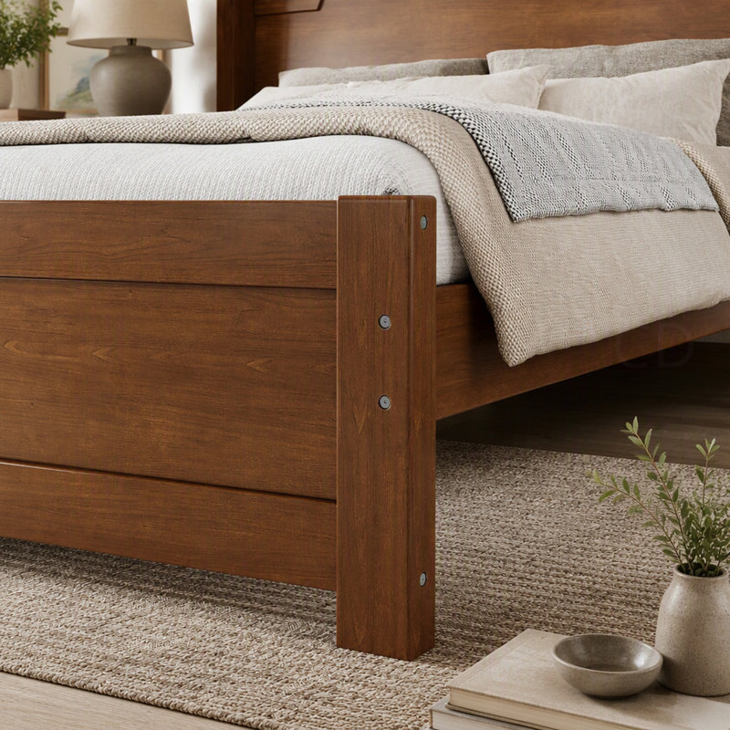 Lit plateforme Queen en bois massif, design minimaliste avec tête de lit finition marron, montage facile, sommier non requis, cadre de lit traditionnel en bois